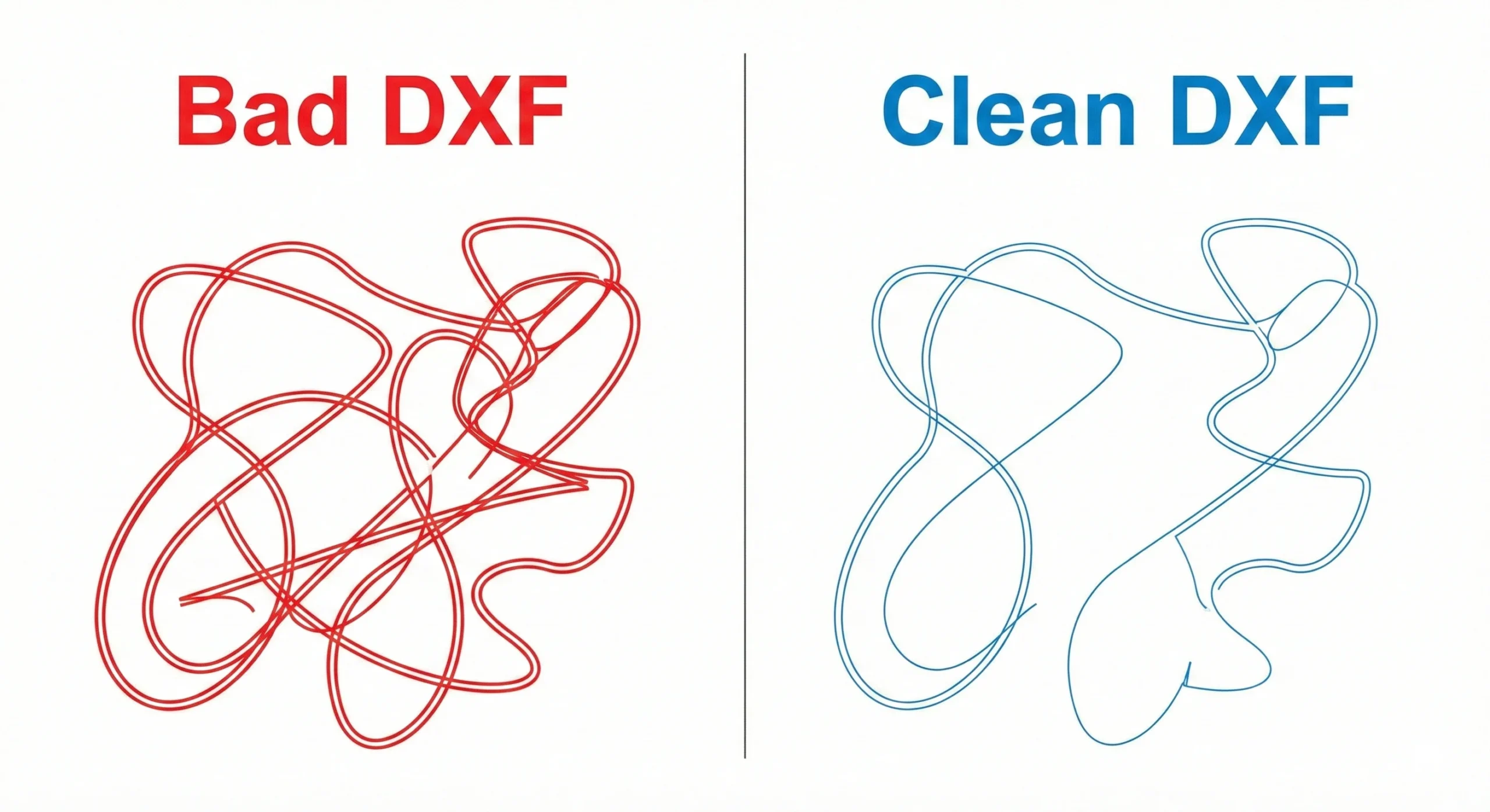 Comparison of bad overlapping lines versus clean single paths for perfect laser settings for DXF