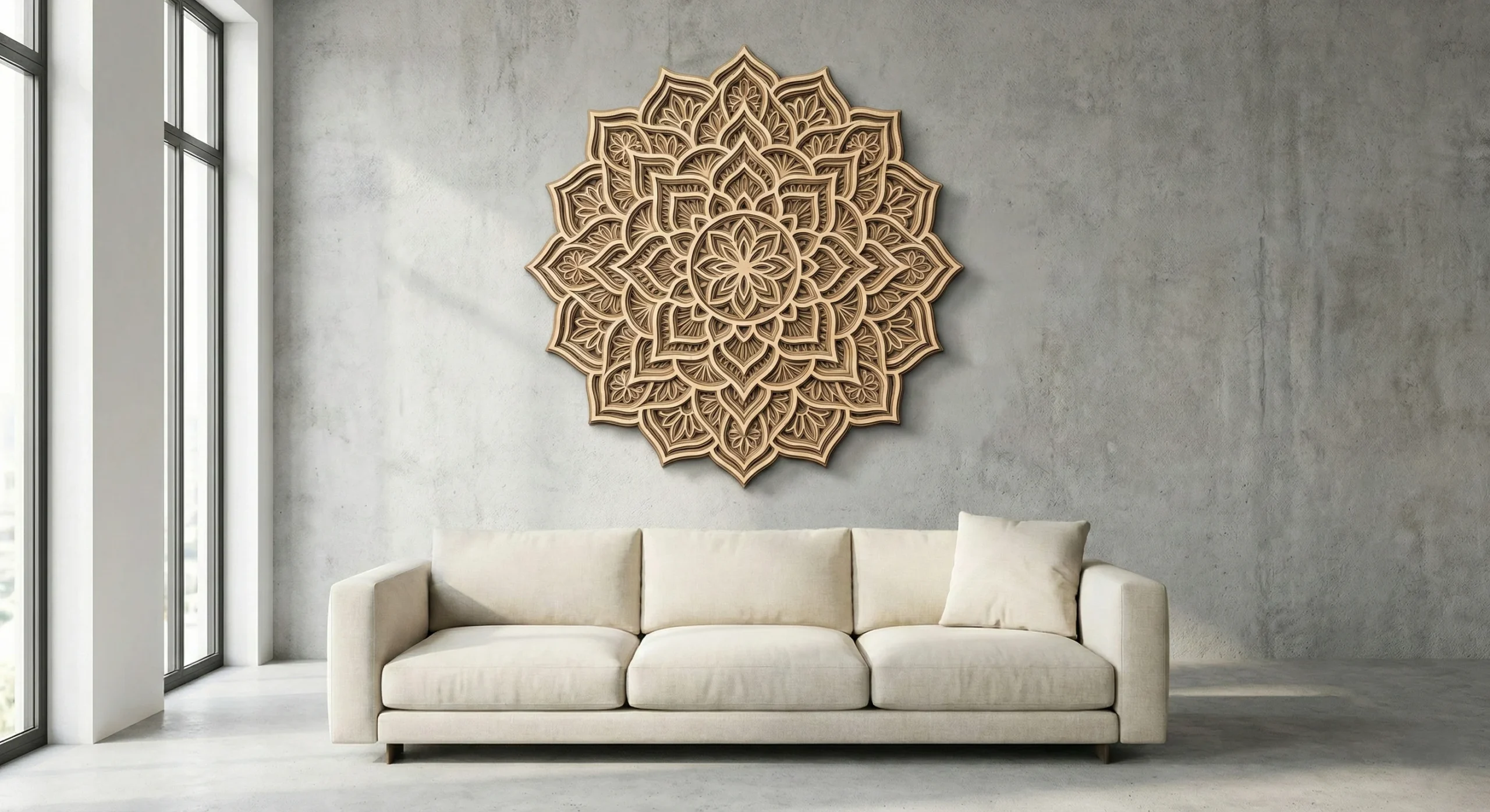 Finished wooden mandala art made using perfect laser settings for DXF files
