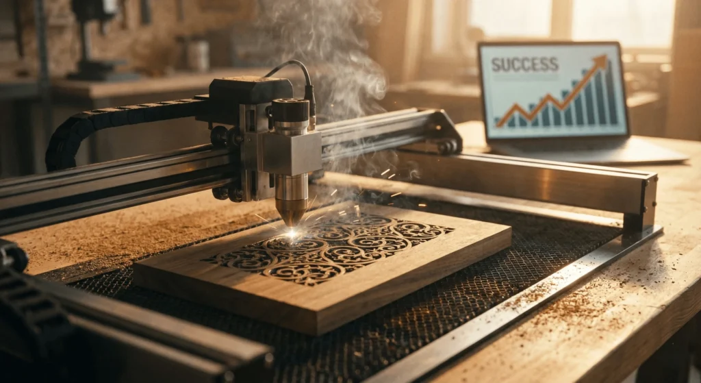 Laser cutting business machine in action showing profitable custom wood engraving.