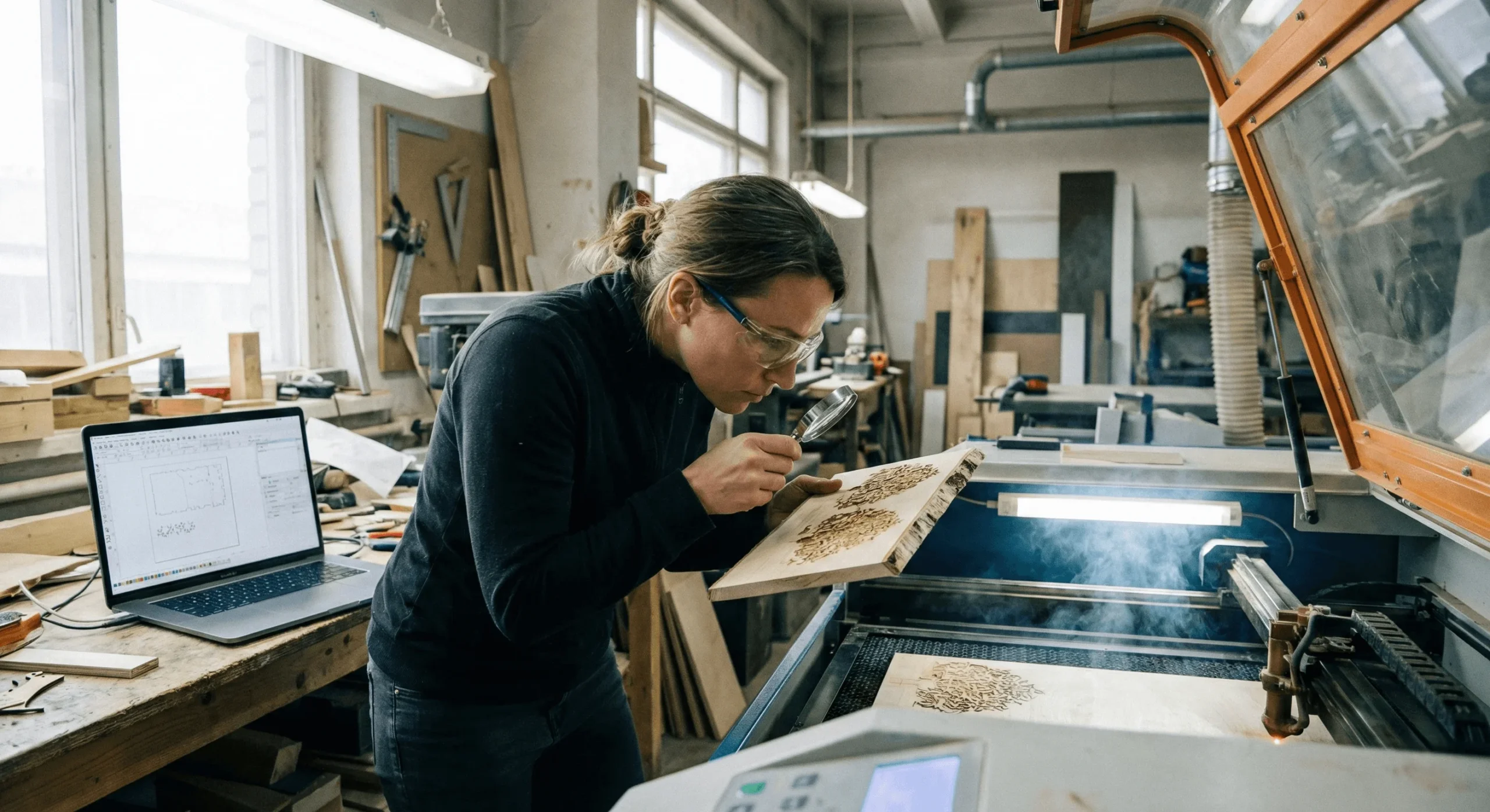 Business owner researching laser cutting machine capabilities and software on a laptop to avoid failure.