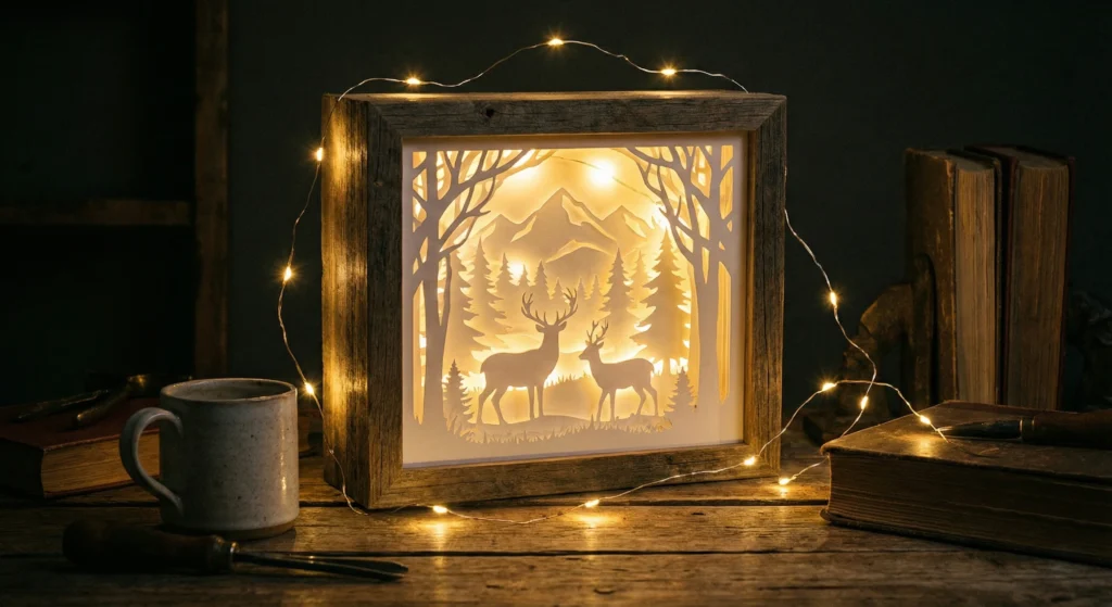 Glowing 3D paper shadow box art made with 80lb cardstock and fairy lights