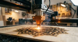 Laser cutter engraving intricate mandala design on 3mm plywood to test perfect laser settings for DXF