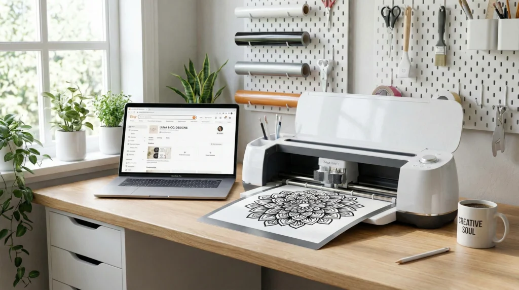 Workspace setup to start a vinyl decal business using a Cricut machine