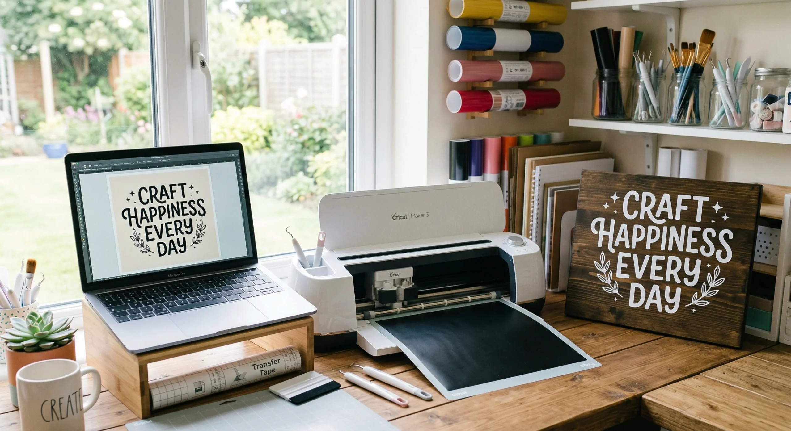 Crafter workspace using free silhouette vectors to design wooden signs.