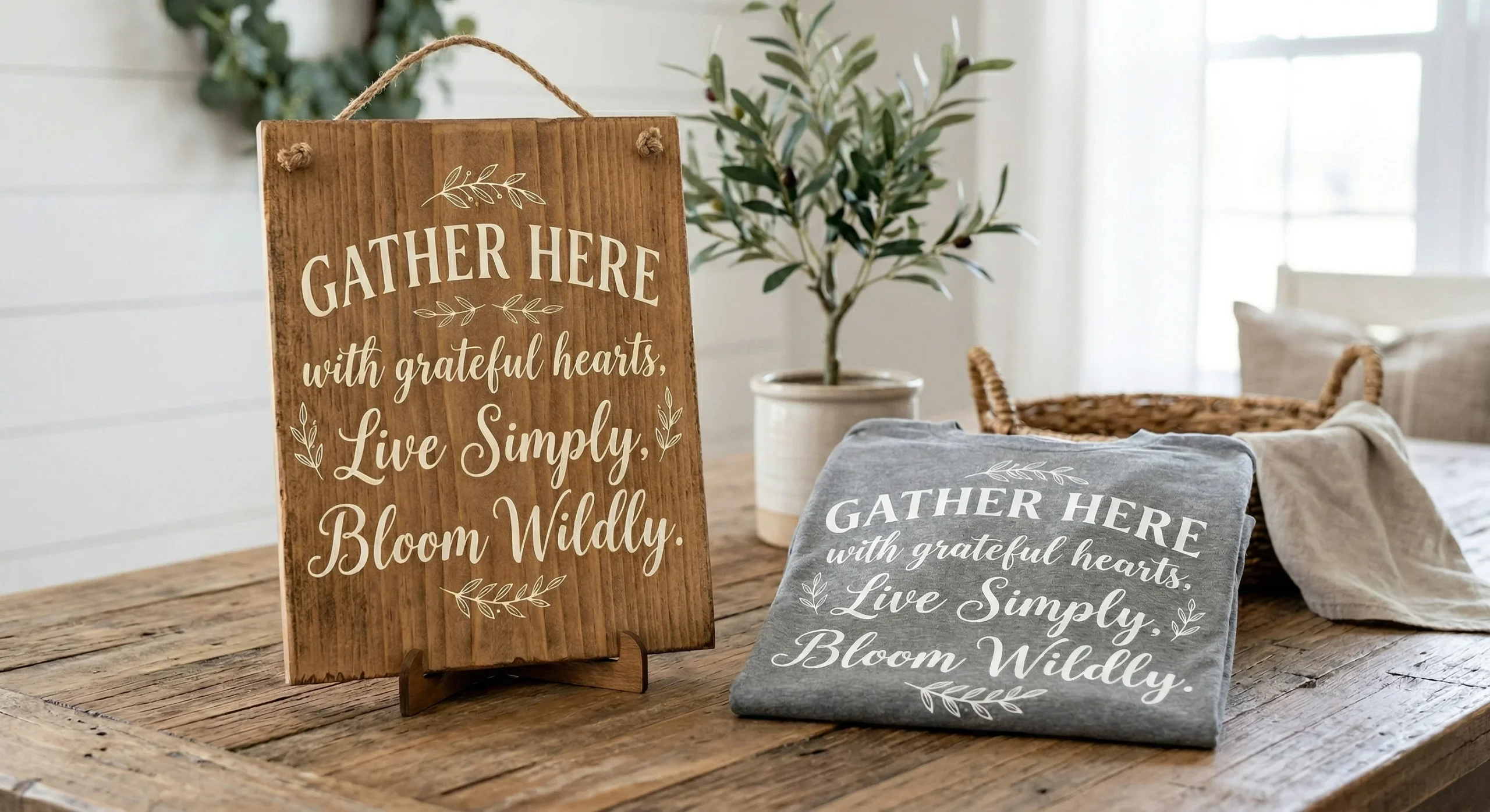 Farmhouse wooden sign and custom t-shirt made with text-based svg designs