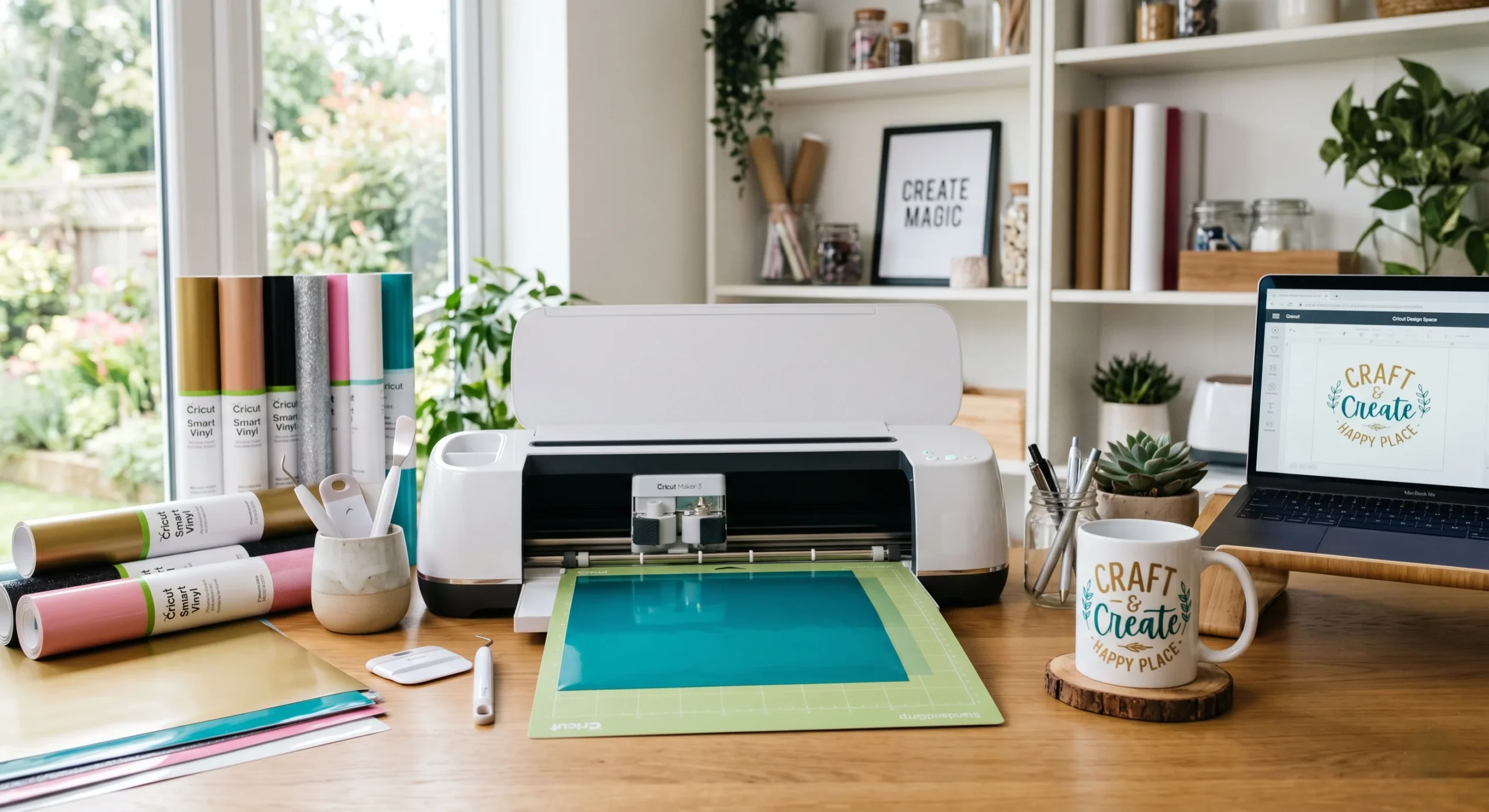 Beautiful workspace with a Cricut machine, vinyl sheets, and a finished custom silhouette mug.