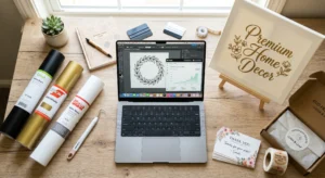 An aspirational flat lay view of a modern desk setup representing a guide on how to start a vinyl decal business for premium markets.