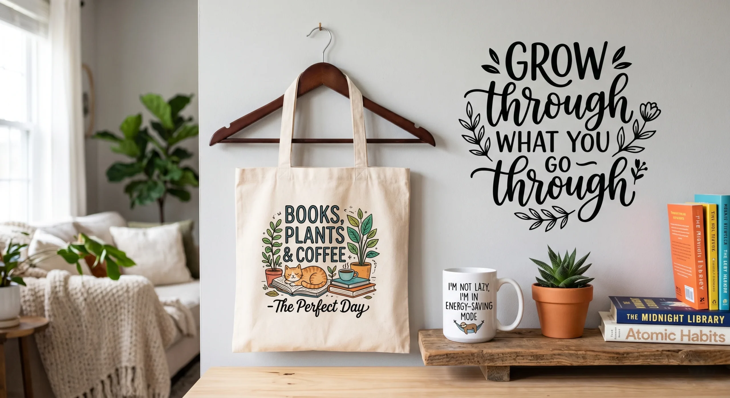Collection of handmade silhouette craft products including a custom tote bag, funny quote mug, and wall decal.