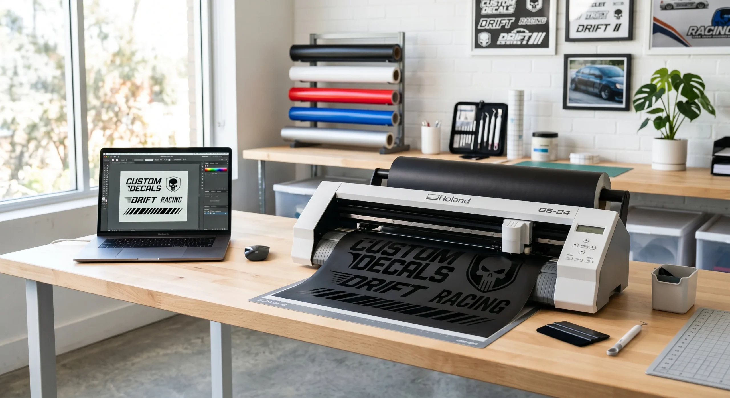 A clean, modern workspace featuring a cutting machine making custom vinyl car decals.