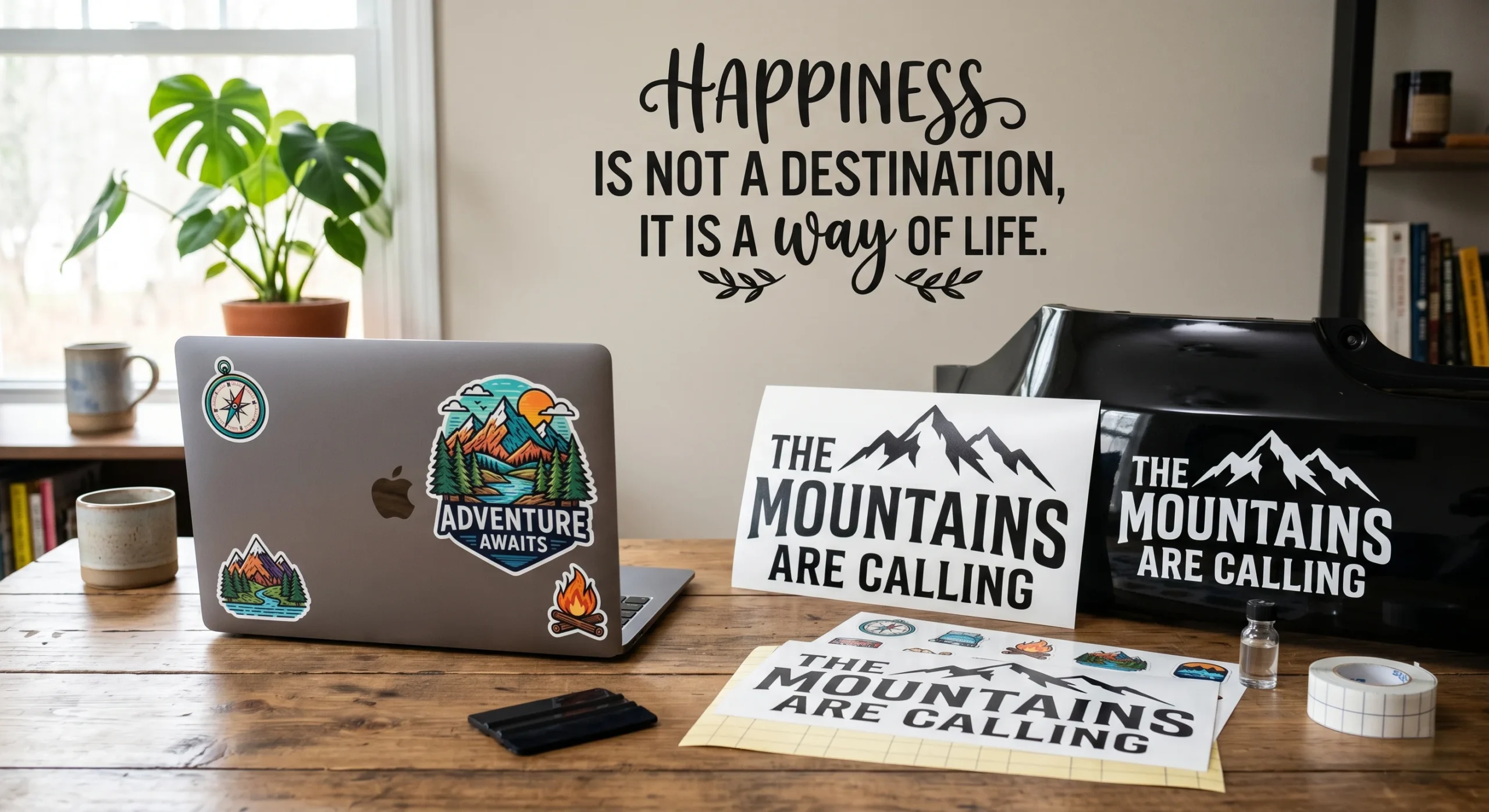 A high resolution, e-commerce style collection of finished vinyl decals including a laptop sticker, car bumper decal, and wall quote.