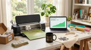 Crafter workspace setup to sell silhouette crafts with customized products, cutting machine, and sales chart.