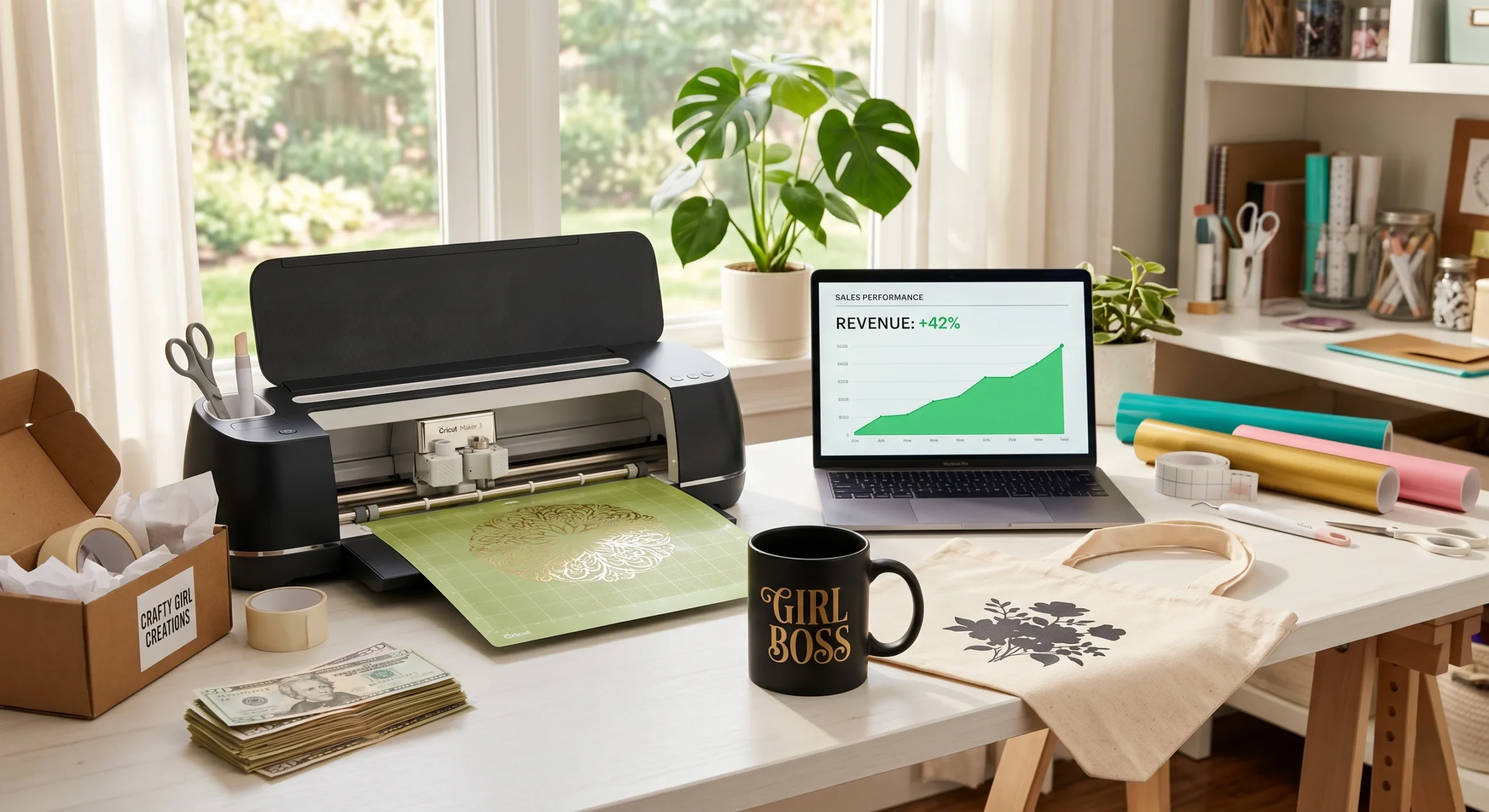 Crafter workspace setup to sell silhouette crafts with customized products, cutting machine, and sales chart.