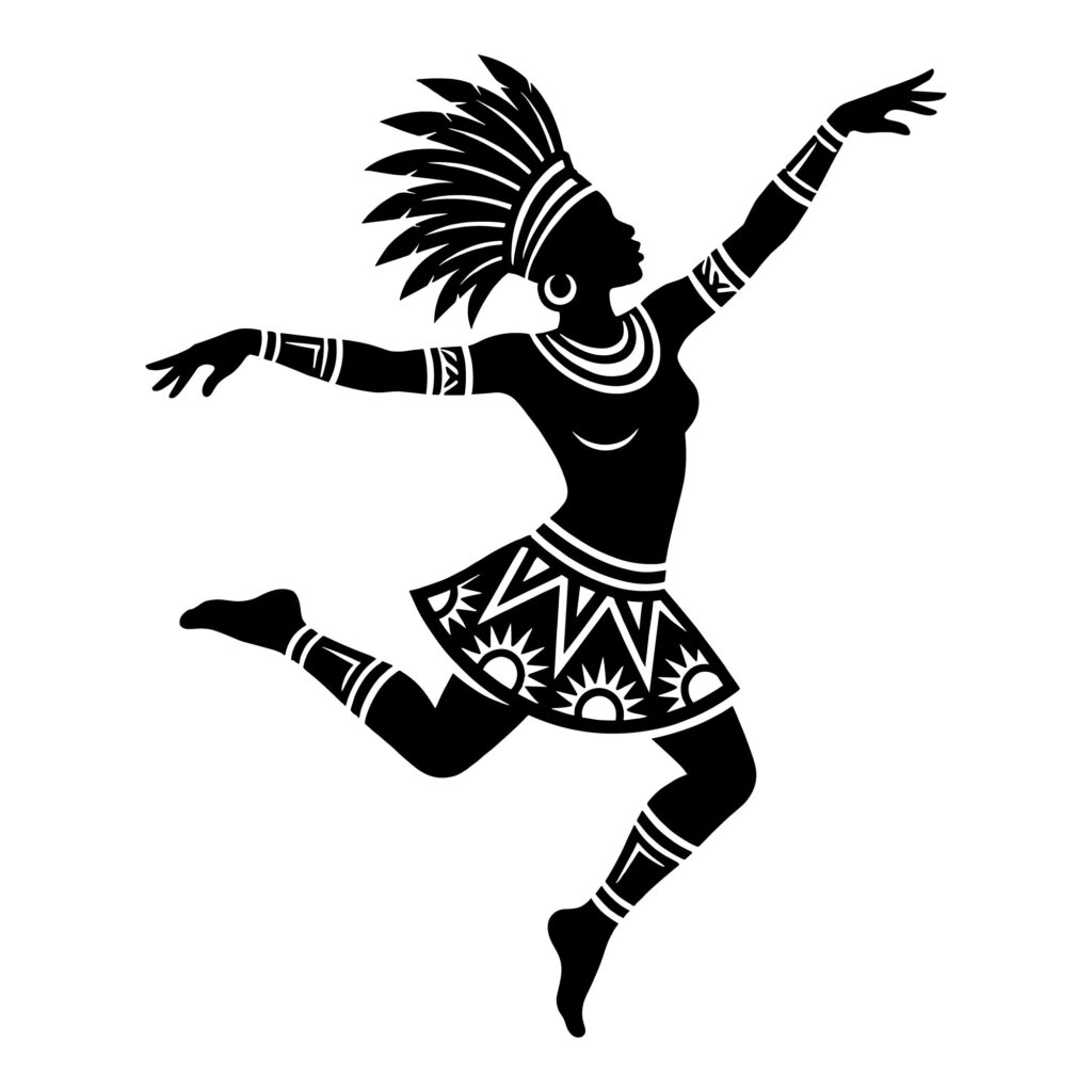 Black silhouette of an African tribal woman dancing with a feathered headdress and patterned skirt on a white background.
