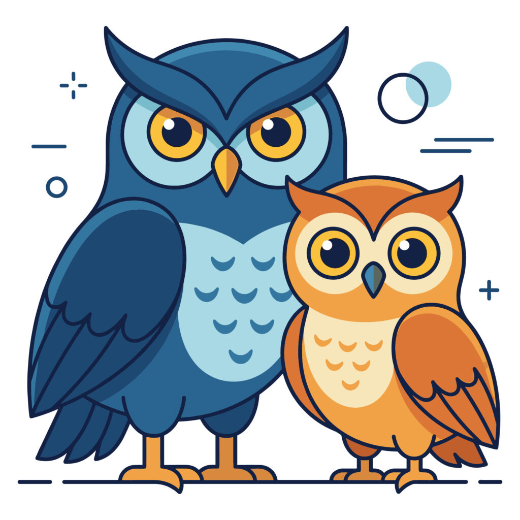 Two cute cartoon owls standing side by side, one blue and one orange, in a flat vector illustration style available for free SVG download