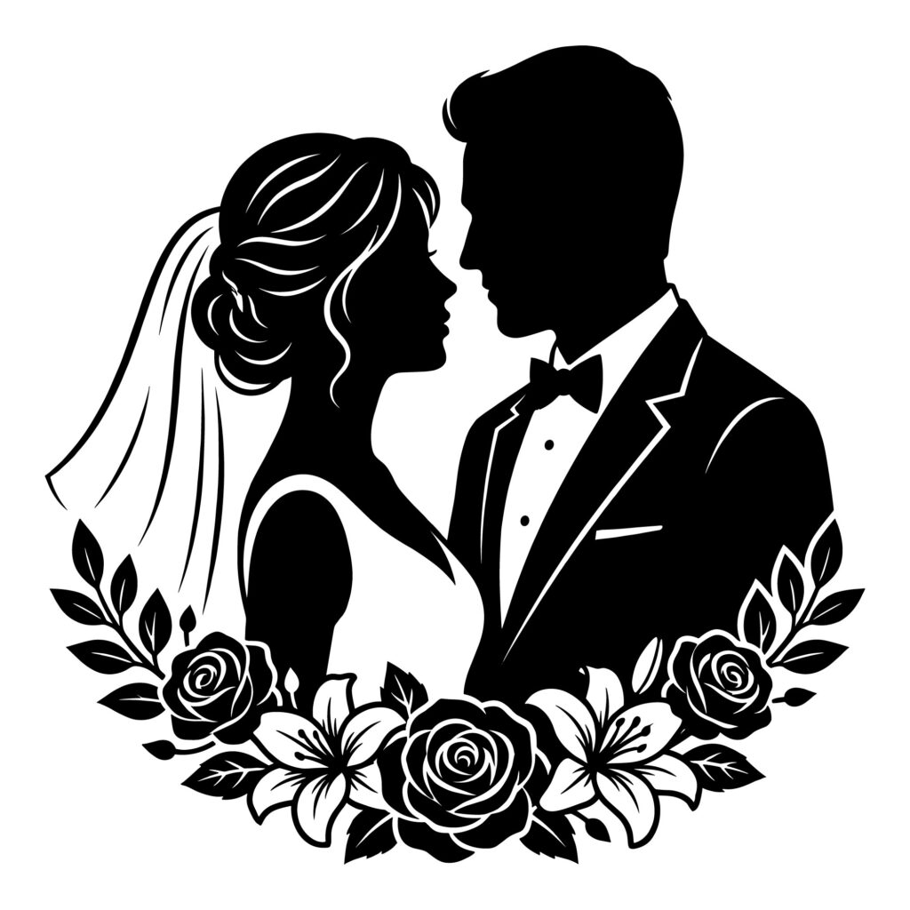 Silhouette of a bride and groom facing each other inside a floral wreath of roses and lilies, black and white vector design for wedding invitations and Cricut.
