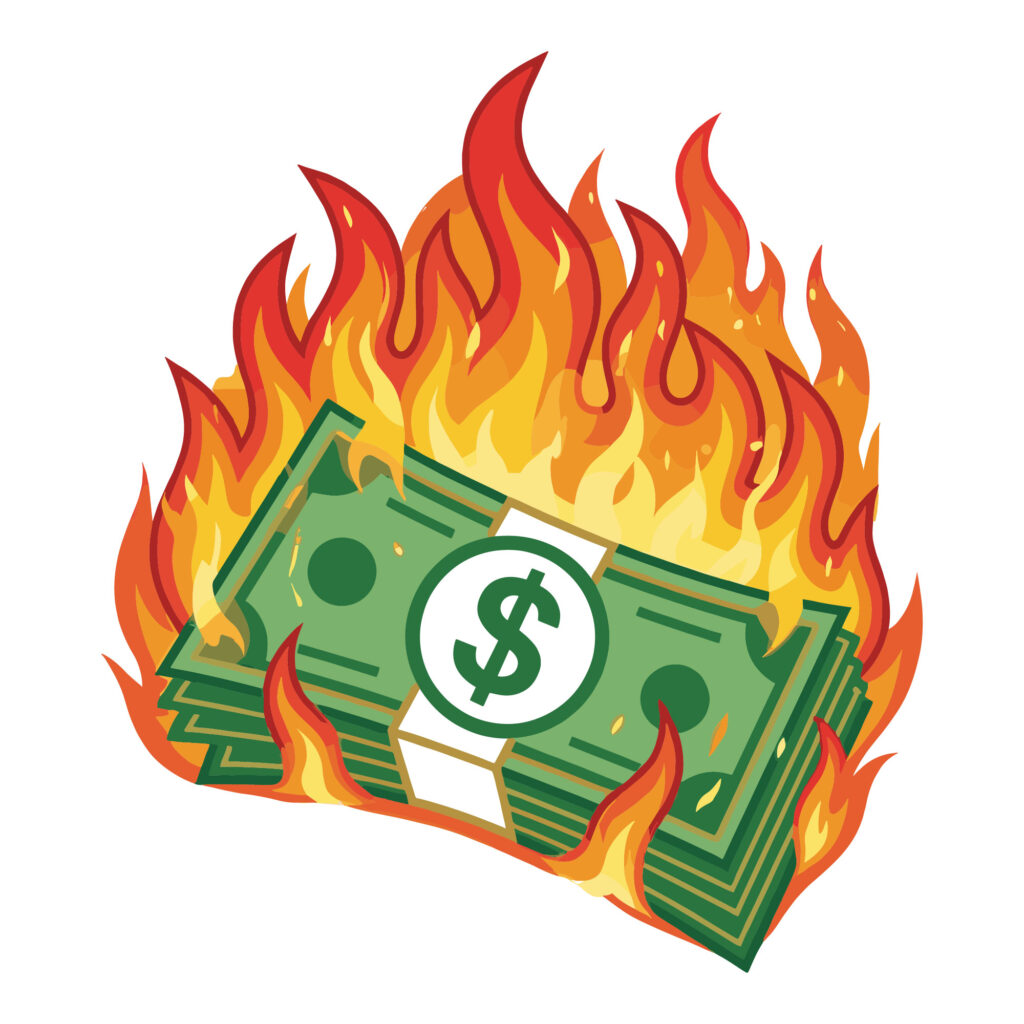Vector illustration of a stack of US dollar bills burning in fire for inflation and financial crisis concepts.