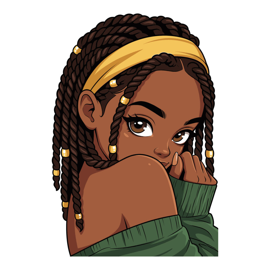 Vector illustration of a cute Black girl with long box braids, gold hair beads, and a yellow headband looking over her shoulder. High-quality digital art for crafting and t-shirt design.