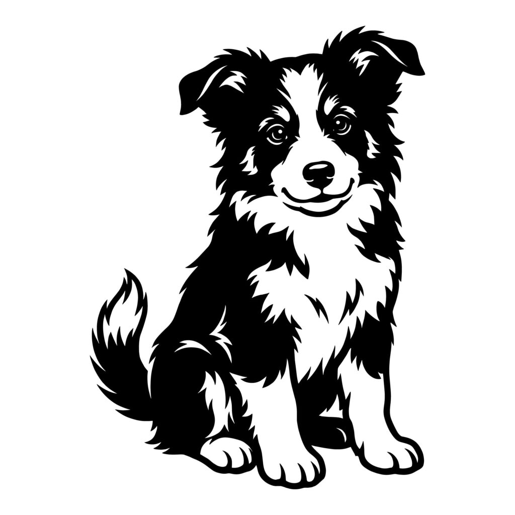 Black and white vector illustration of a sitting Border Collie puppy looking forward, optimized for Cricut cutting and laser engraving.