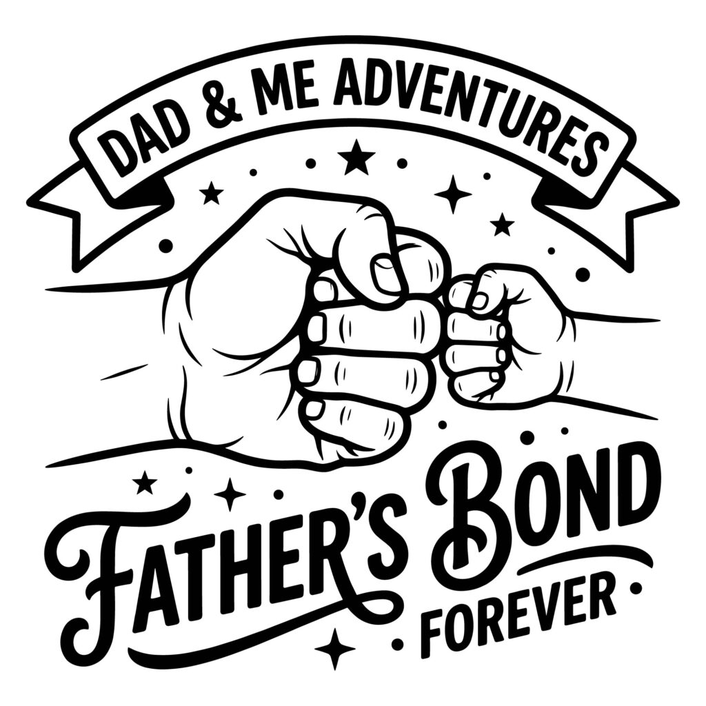 Black and white vector illustration of a large father's fist bumping a small child's fist with text reading Dad and Me Adventures and Fathers Bond Forever surrounded by stars.