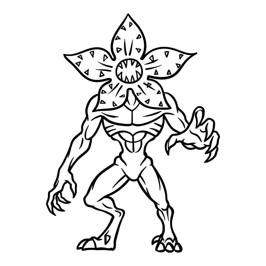 Black and white line art vector of a Demogorgon monster from Stranger Things with open flower face, optimized for Cricut vinyl cutting.