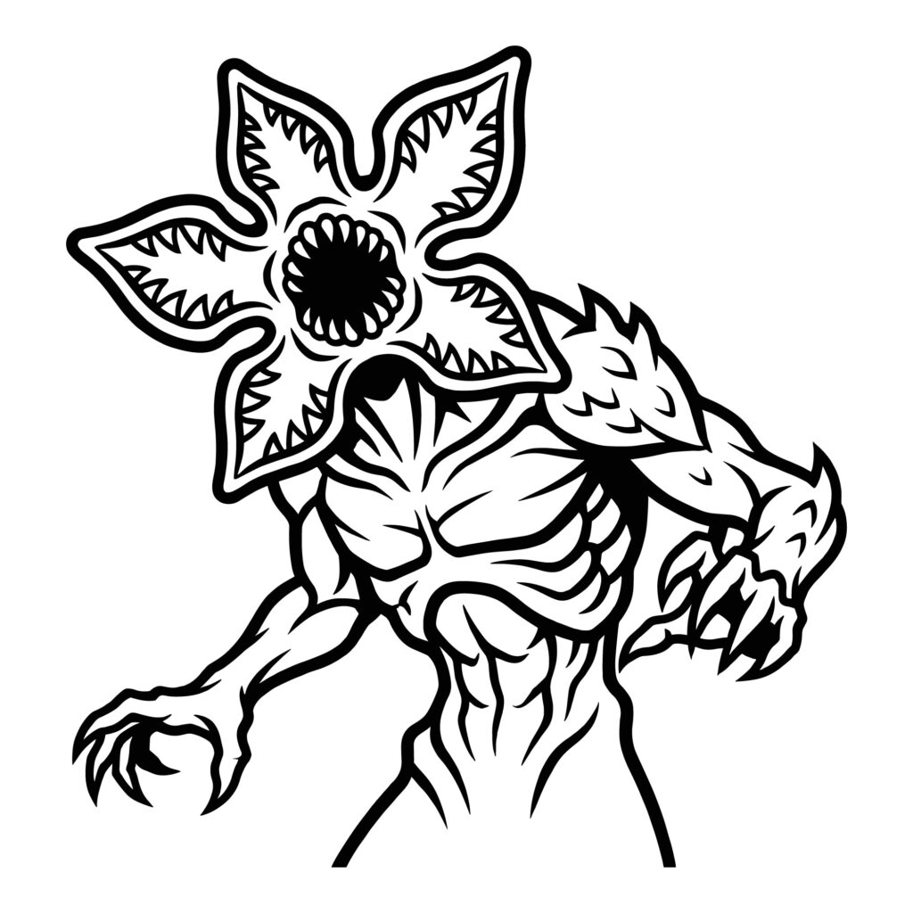 Black and white vector silhouette of a Demogorgon monster from Stranger Things featuring an open flower-petal face with teeth and a muscular humanoid body, isolated on a white background for easy cutting and printing.