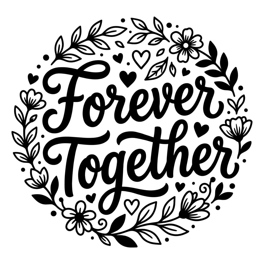 Forever Together hand-lettered quote inside a floral wreath vector design for wedding and anniversary DIY crafts.