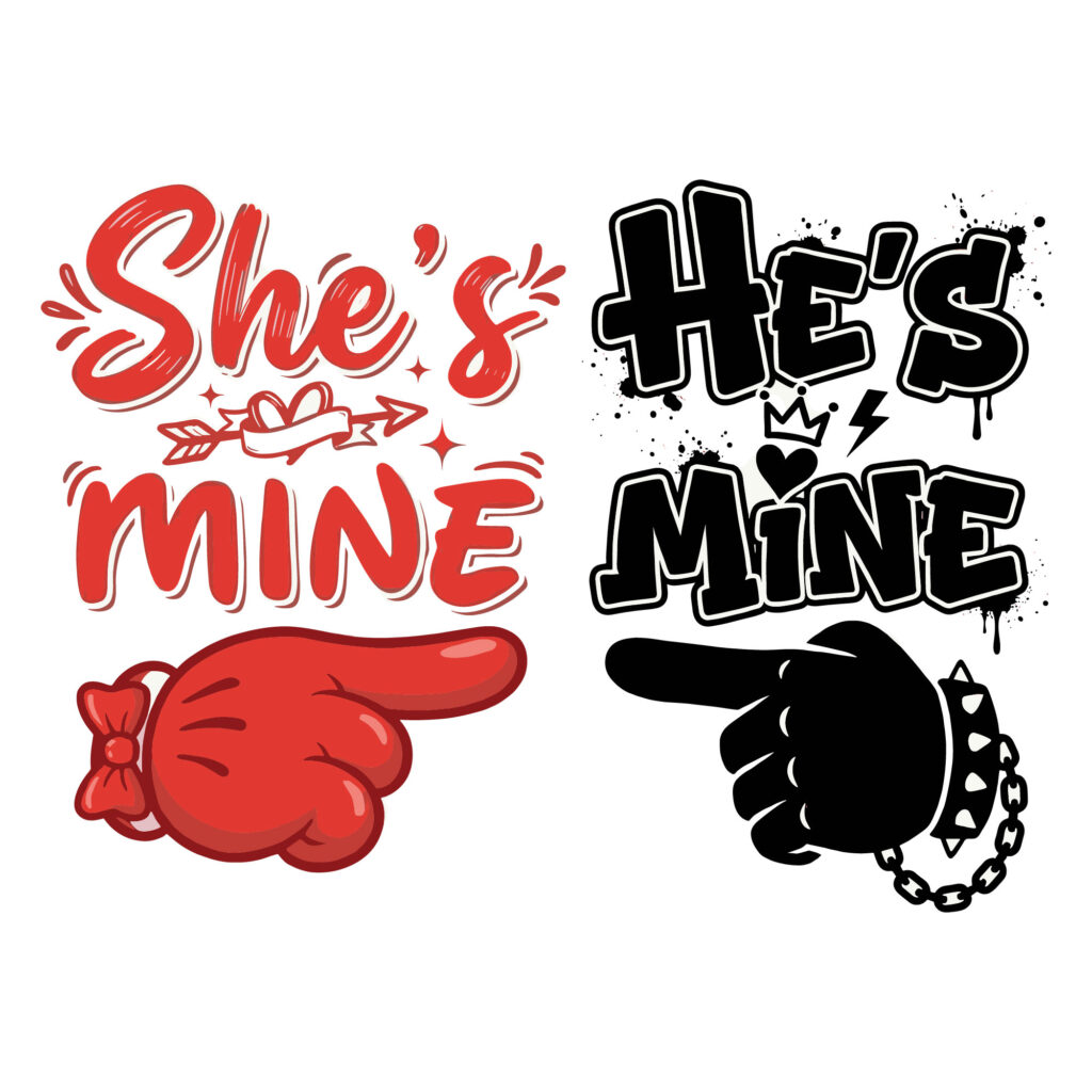 Preview of She's Mine He's Mine matching couple t-shirt design featuring pointing cartoon hands in red and black, available as a free SVG download for Cricut and Silhouette.