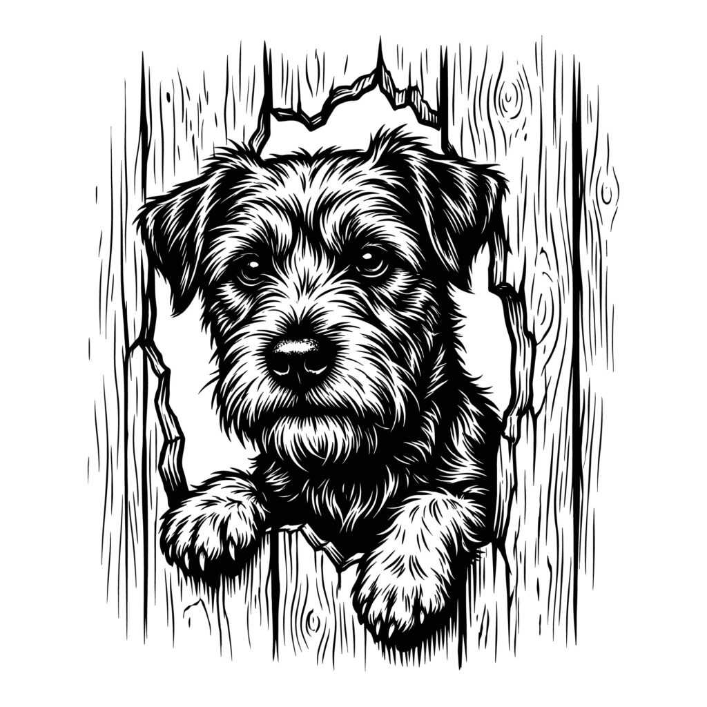 A detailed black and white vector illustration of a cute terrier dog peeking through a hole in a wooden fence, designed for laser cutting and CNC engraving.