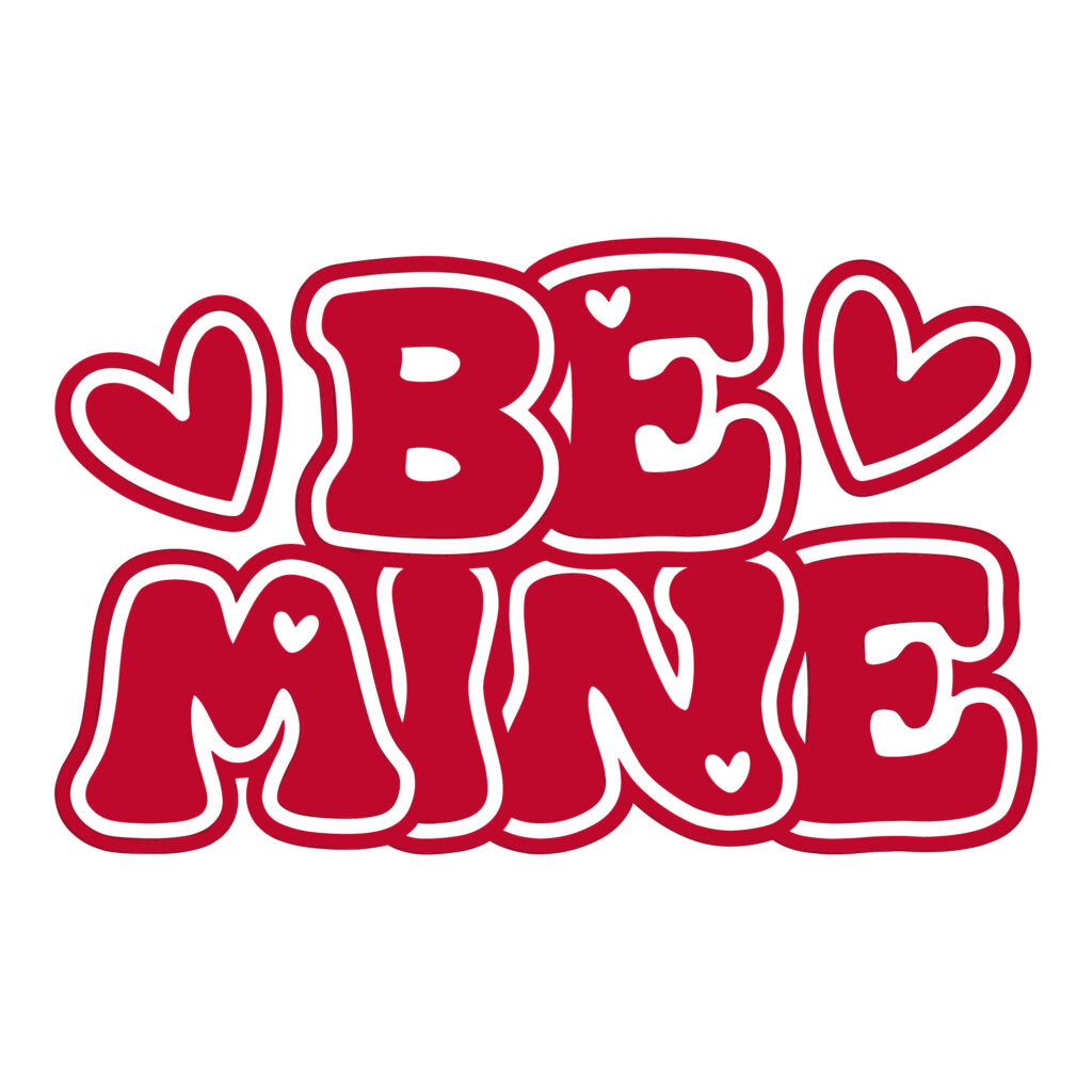 Free Retro Be Mine Valentine SVG design featuring red groovy typography and hearts for Cricut and DIY crafts