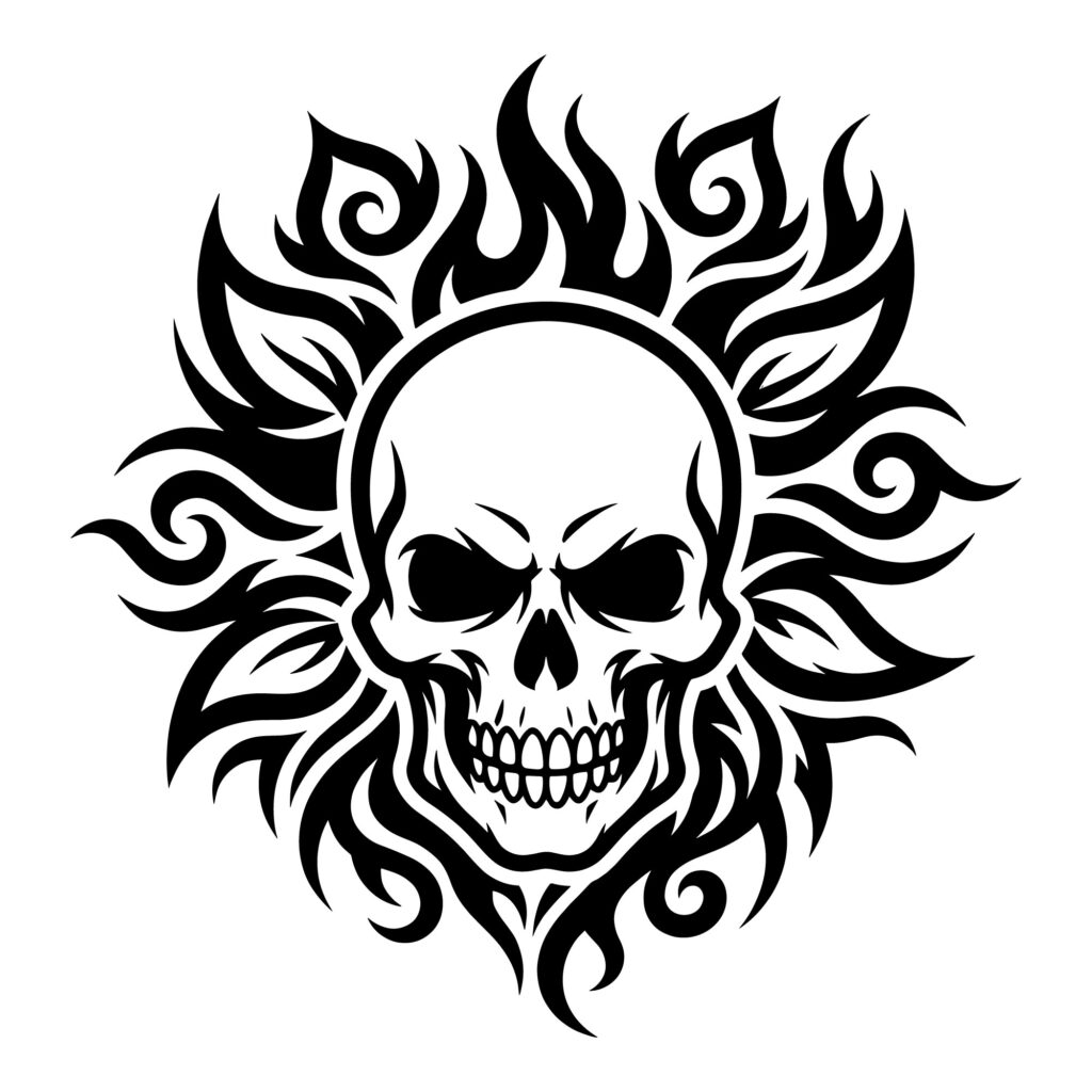 Black and white vector illustration of a human skull surrounded by sharp tribal flame patterns.