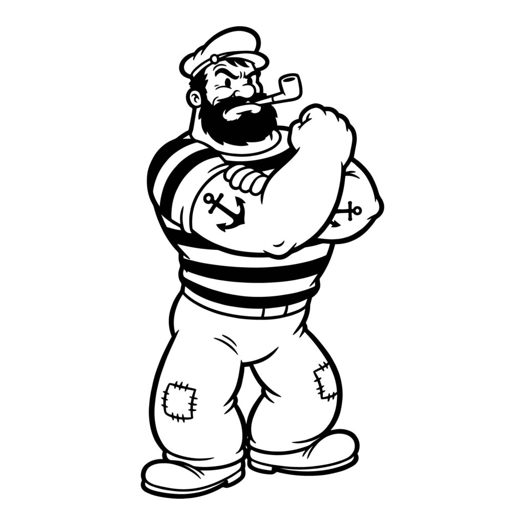 Black and white vector illustration of a tough vintage sailor crossing his arms, smoking a pipe, and showing off an anchor tattoo on his forearm.