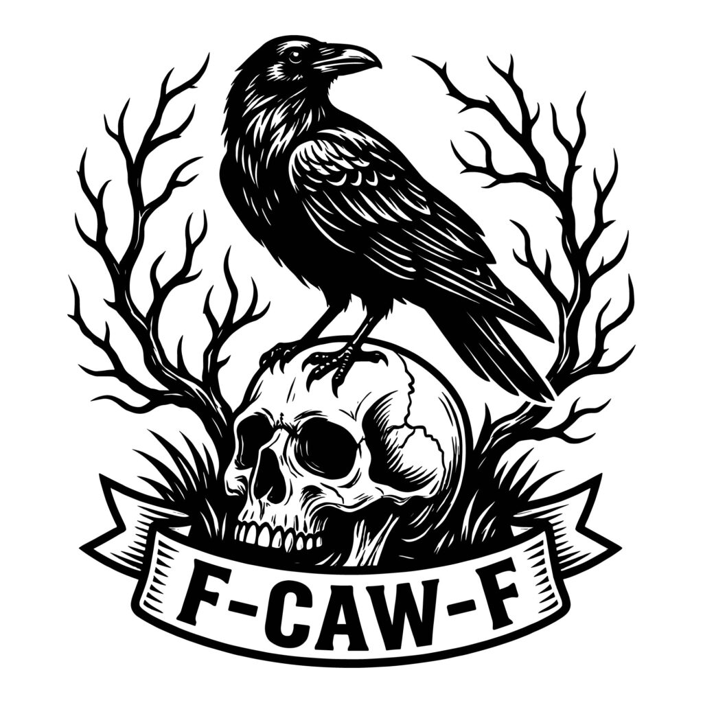 Black and white woodcut illustration of a raven perched on a human skull with gothic ribbon text for tattoo and t-shirt design