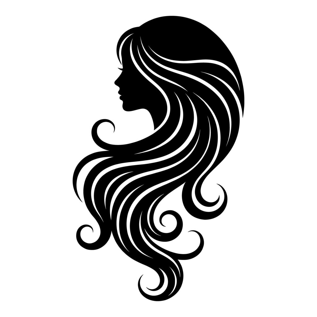 Black silhouette of a woman's side profile with long, voluminous wavy hair, designed for beauty salon logos and vinyl cutting projects