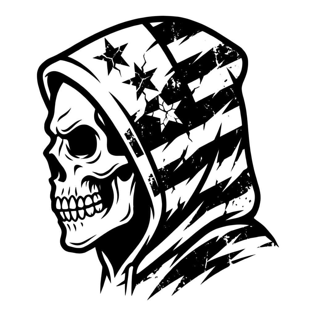 black and white vector illustration of a skull wearing a hooded sweatshirt featuring the American flag stars and stripes pattern.
