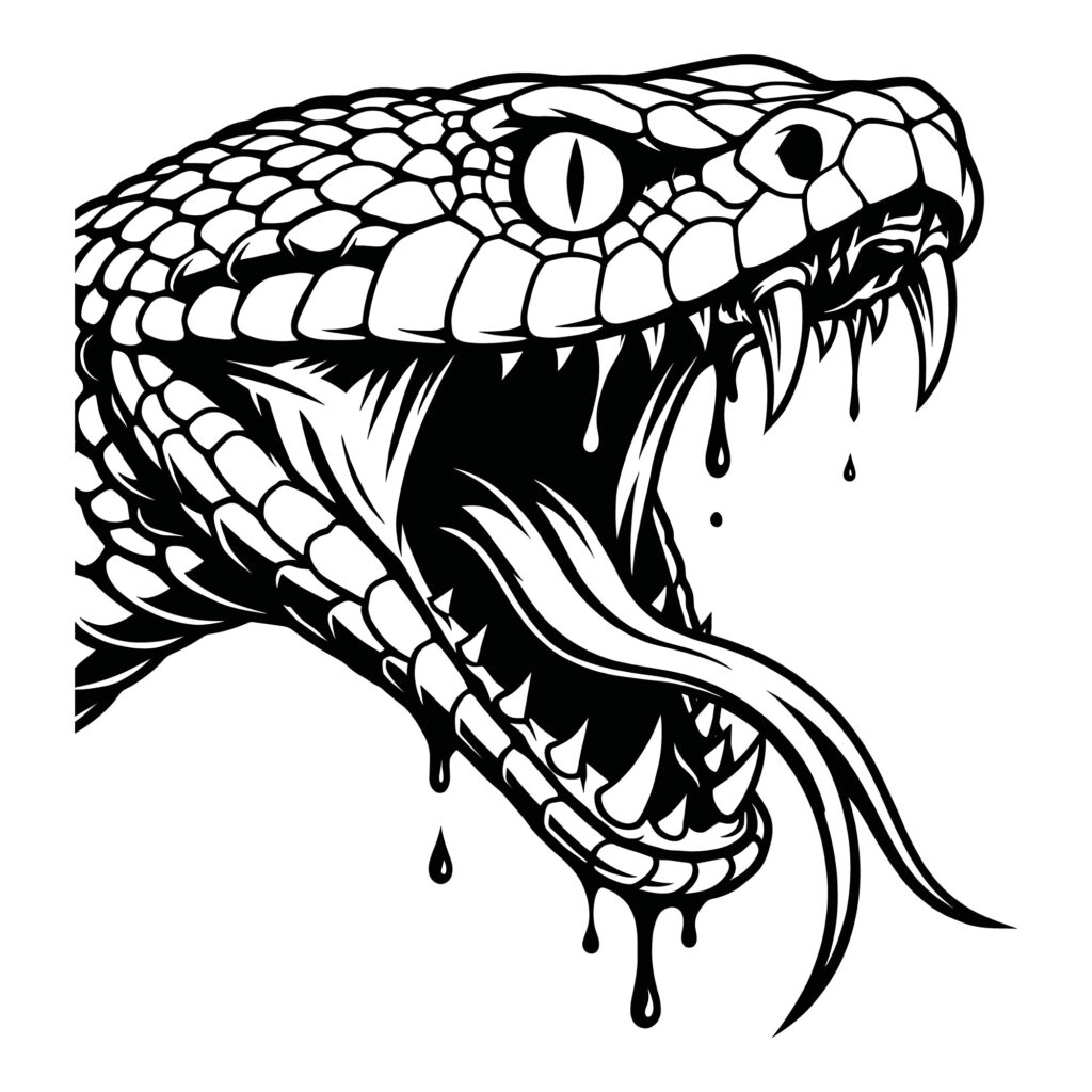 Black and white vector illustration of an aggressive viper snake head with open mouth, sharp fangs, and dripping venom, designed for vinyl cutting and print.