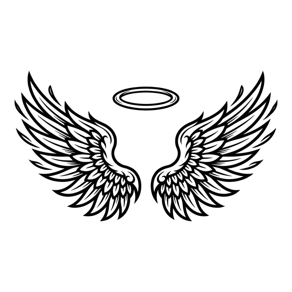 Detailed black and white vector illustration of spread angel wings with a floating halo overhead for memorial and religious design projects.