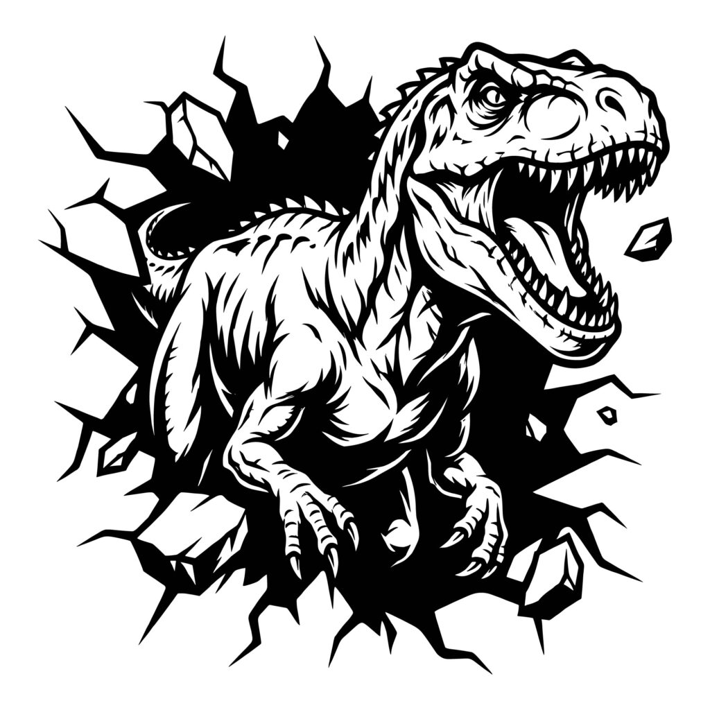 Black and white vector illustration of an angry T-Rex dinosaur breaking through a cracked wall with sharp claws and teeth, optimized for vinyl cutting and t-shirt printing.