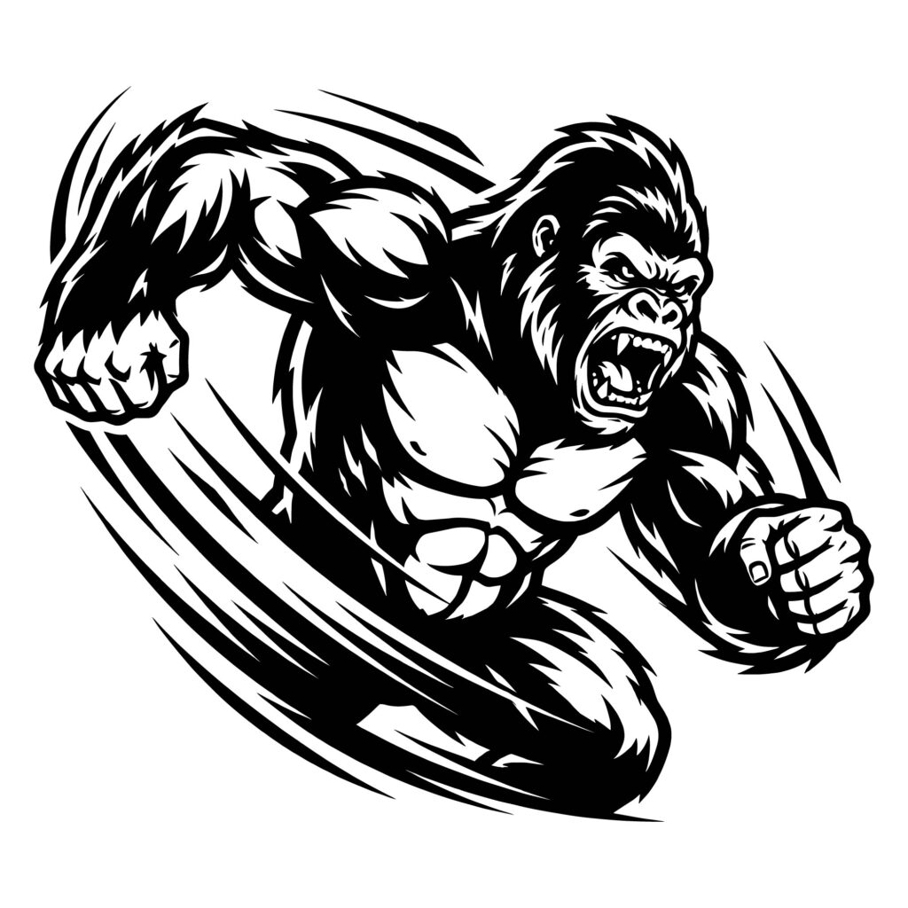 Black and white vector illustration of an angry gorilla mascot punching forward with aggressive motion lines, ideal for sports logos and gym merchandise.