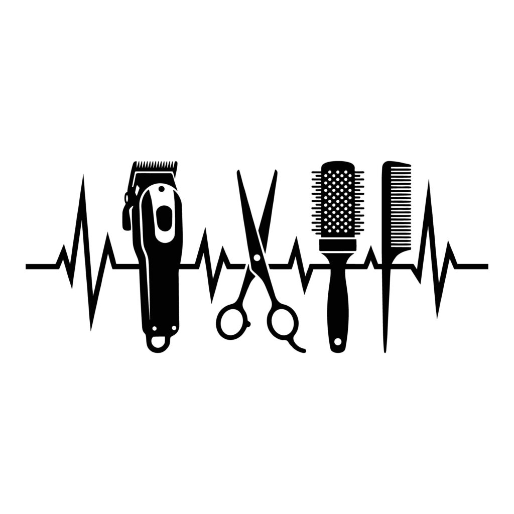 Black silhouette vector of a barber shop heartbeat line featuring electric clippers, scissors, a round brush, and a comb.