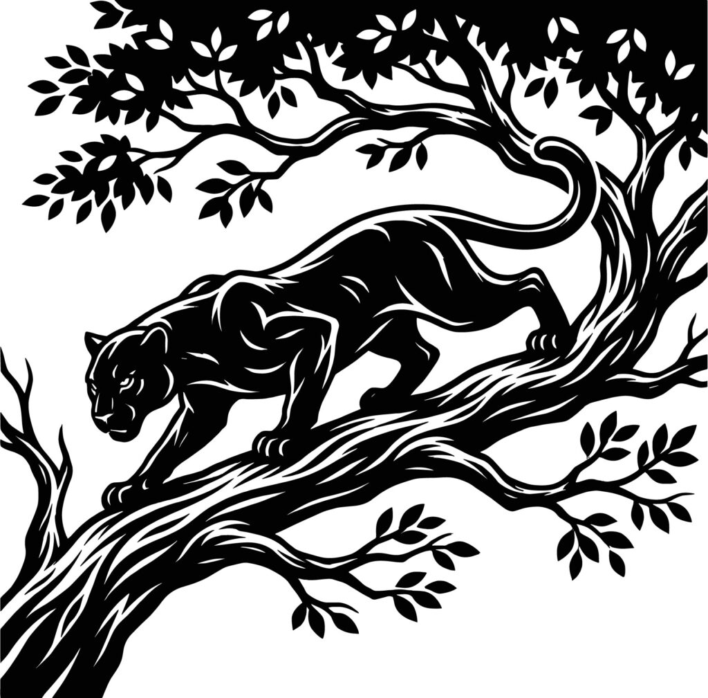 Black panther silhouette walking on a curved tree branch, stylized vector illustration for vinyl cutting and laser engraving.