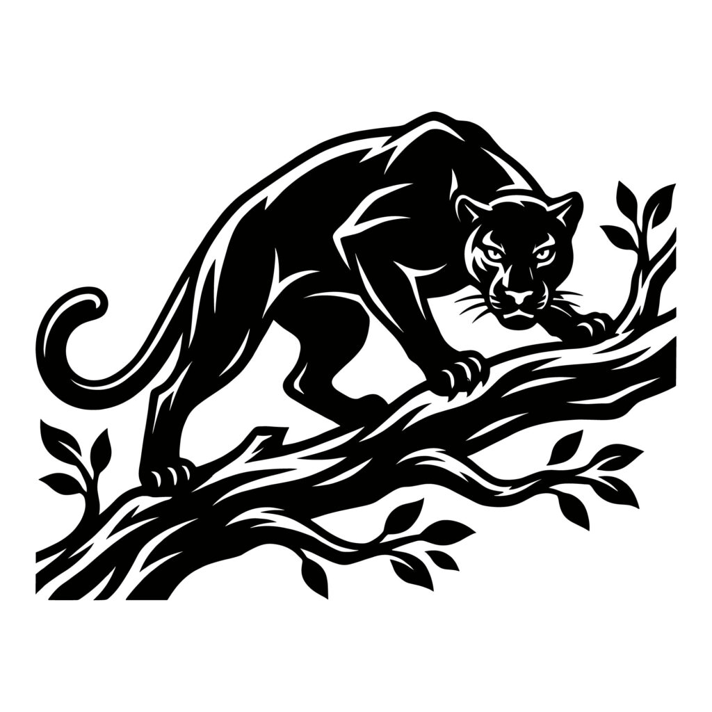 Black panther stalking on a tree branch silhouette vector graphic.