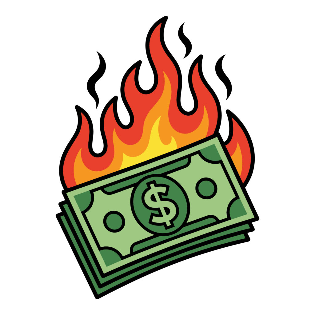 Vector illustration of a Burning Money SVG showing a stack of green dollar bills in flames.