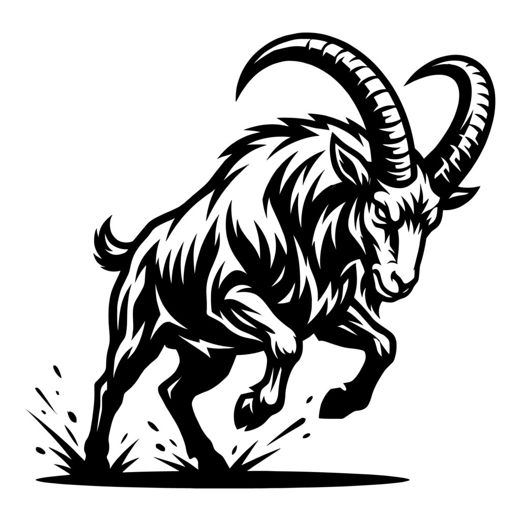 Black and white vector illustration of an aggressive charging ram mascot head with large curved horns for sports logos and vinyl cutting.
