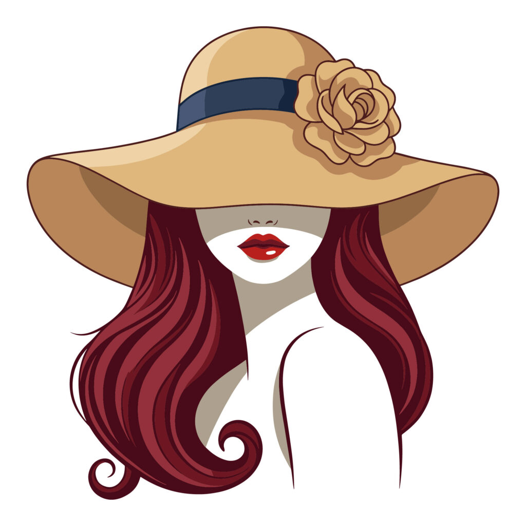 Vector illustration of a stylish woman with long red hair wearing a wide-brimmed beige sun hat with a flower.