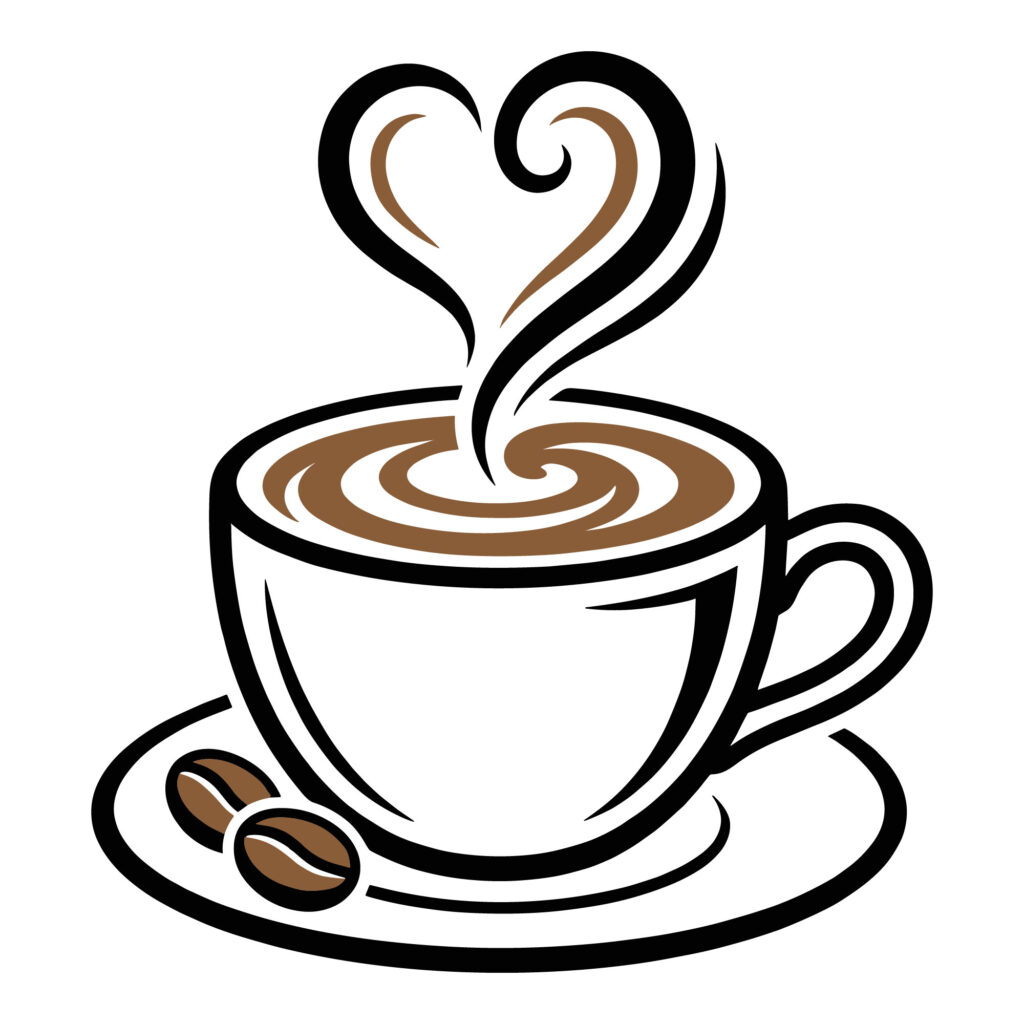 Line art illustration of a coffee cup with steam forming a heart shape available as a free SVG vector download for crafting and design.