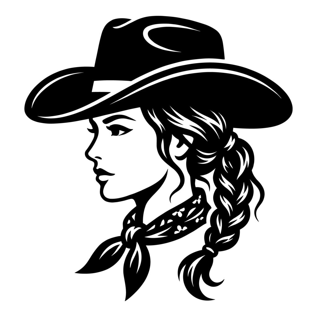 Black and white vector silhouette of a cowgirl face in profile wearing a cowboy hat and bandana with braided hair.