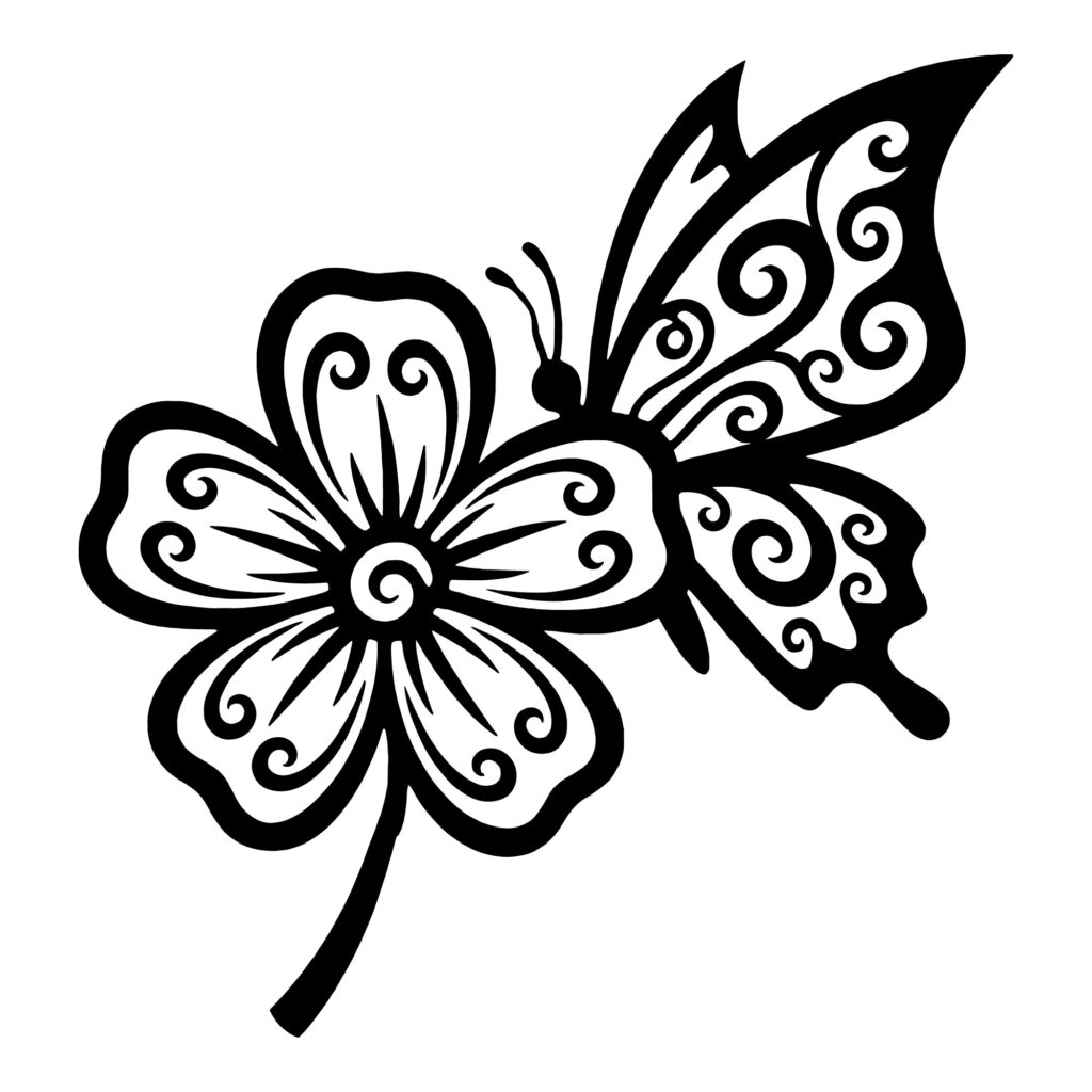 black and white elegant butterfly resting on a blooming flower silhouette vector illustration for crafting projects.