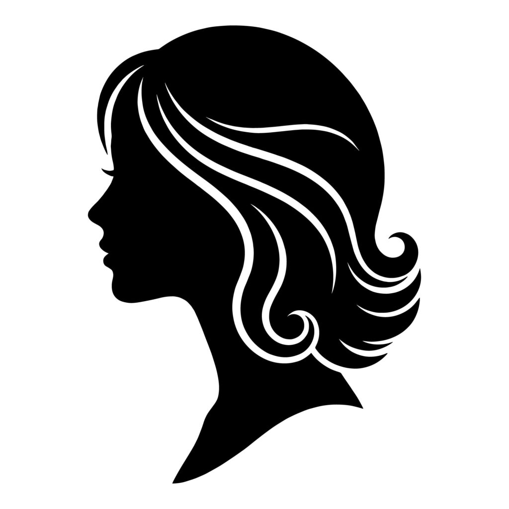 Black and white vector illustration of a woman's side profile with wavy hair for beauty salon logos