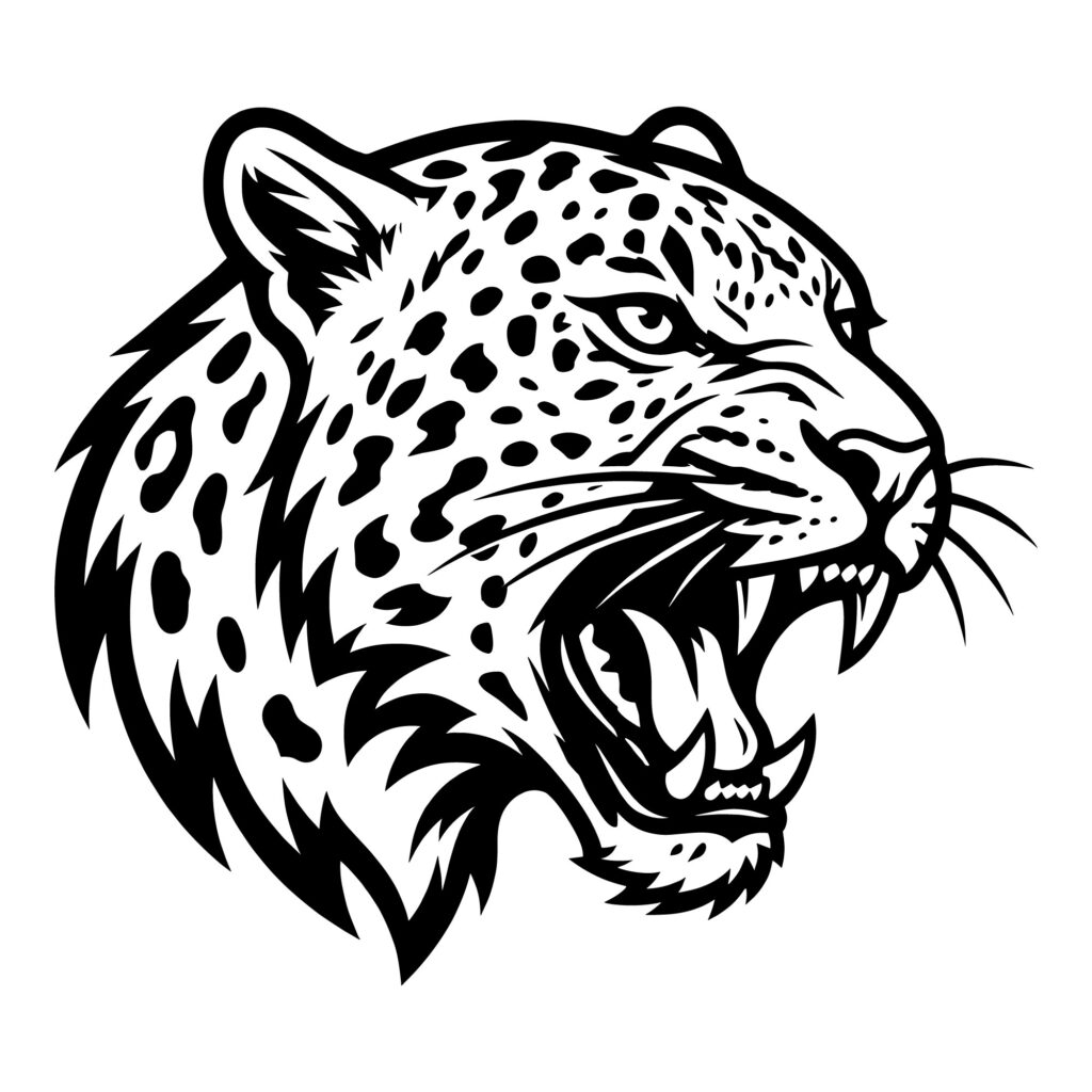 Black and white illustration of a fierce roaring leopard head showing its teeth