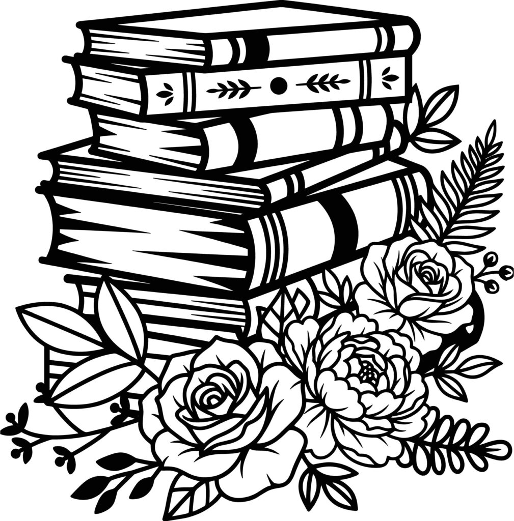 Black and white vector line art of a stack of three vintage hardbound books surrounded by blooming roses and leaves, designed for cutting machines and vinyl crafts.